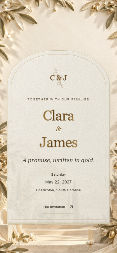 Gilded Vow invitation on a phone