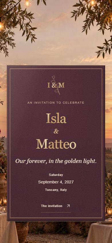 Tuscan Reverie invitation on a phone